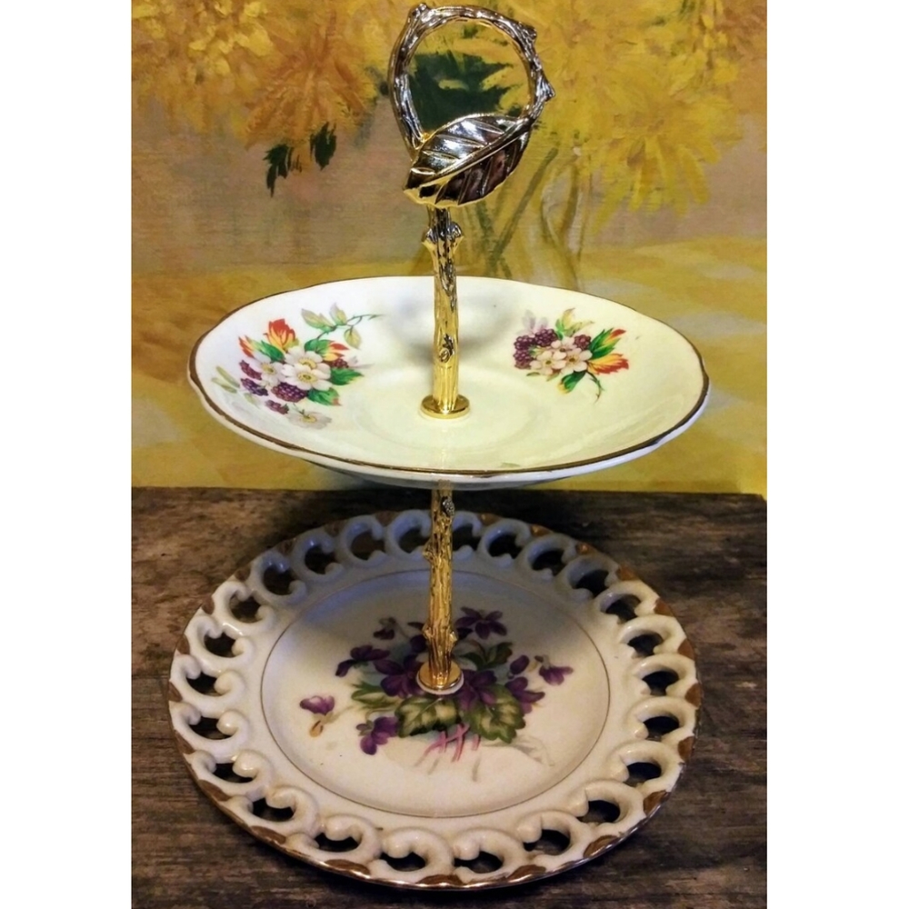 Violets and Berries Gold Rimmed 2 Tier Cake Stand